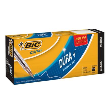 Bolígrafo BIC Cristal Dura+ Punto Mediano 1.0mm Color Negro C/12 Pzas